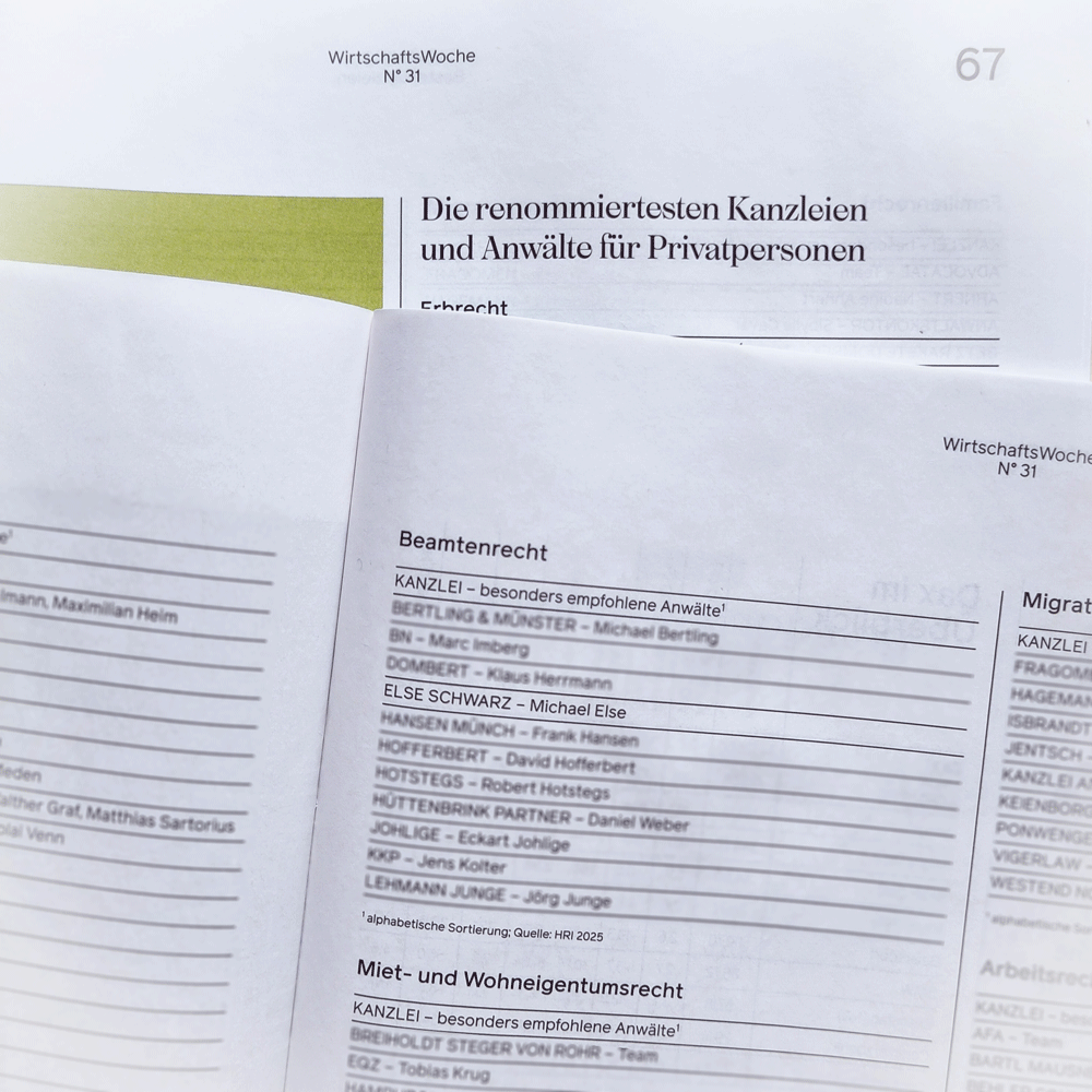 Aufgeschlagene WirtschaftsWoche Ausgabe Nr. 31 zeigt das Ranking der besten Kanzleien für Privatpersonen mit der Kategorie Beamtenrecht, in der 'ELSE SCHWARZ - Michael Else' aufgeführt ist.